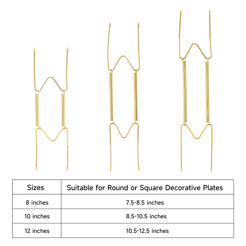 Fasunry 12 Piece Plate Hangers, 8/10/12 Inch Invisible Brass Wall Plate Hangers, Comes with 16 Piece Wall Hooks for Decorative Plates - Image 2